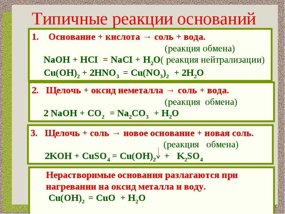 Уравнение реакции между кислотой и основанием. Реакции кислот оснований и солей. Химия 8 класс основания реакция с кислотами. Типичные реакции кислот таблица. Типичные реакции оснований основание кислота.