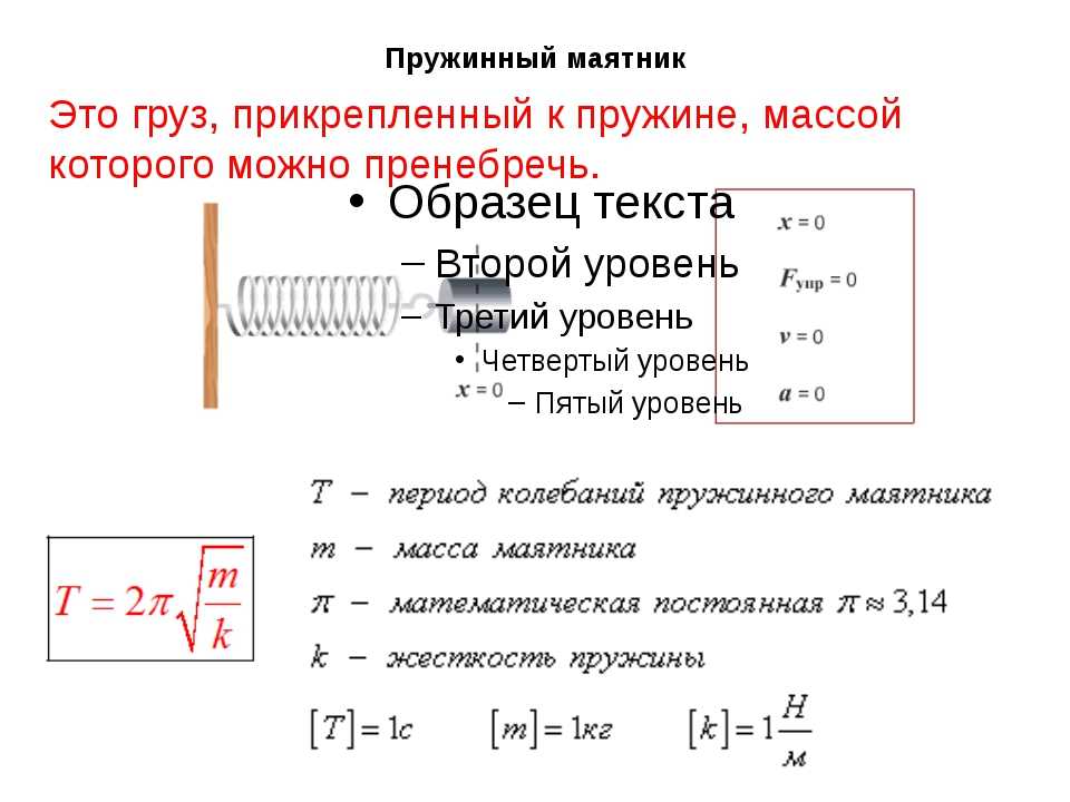 Частота колебаний пружинного маятника определение. Пружинный маятник физика 9 класс. Жесткость пружины в физике пружинный маятник. Период пружинного маятника формула. Формула пружинного маятника физика 9 класс.