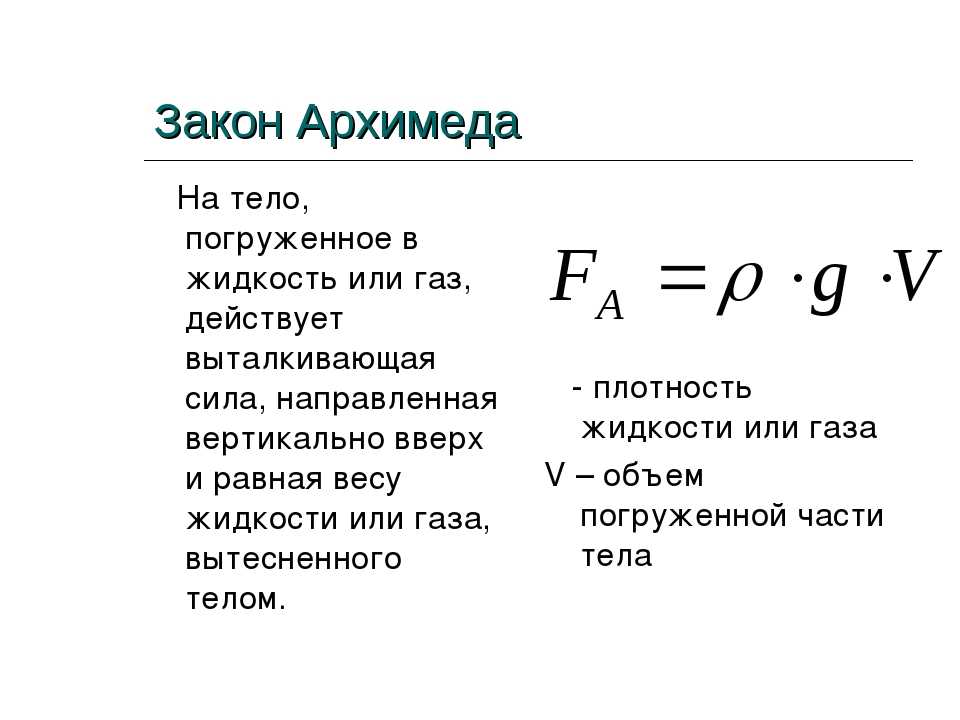 Объем погруженной части тела формула. Закон Архимеда 7 класс физика. Формулы выталкивающей силы в физике 7. Закон Архимеда 7 класс физика формула. Сила Архимеда формула 7 класс.