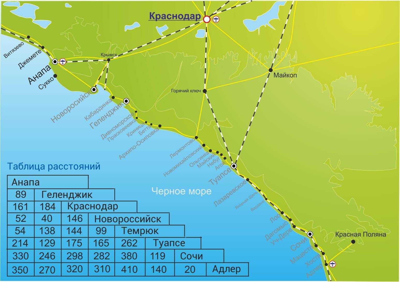 Карта курортов Краснодарского края побережье черного моря