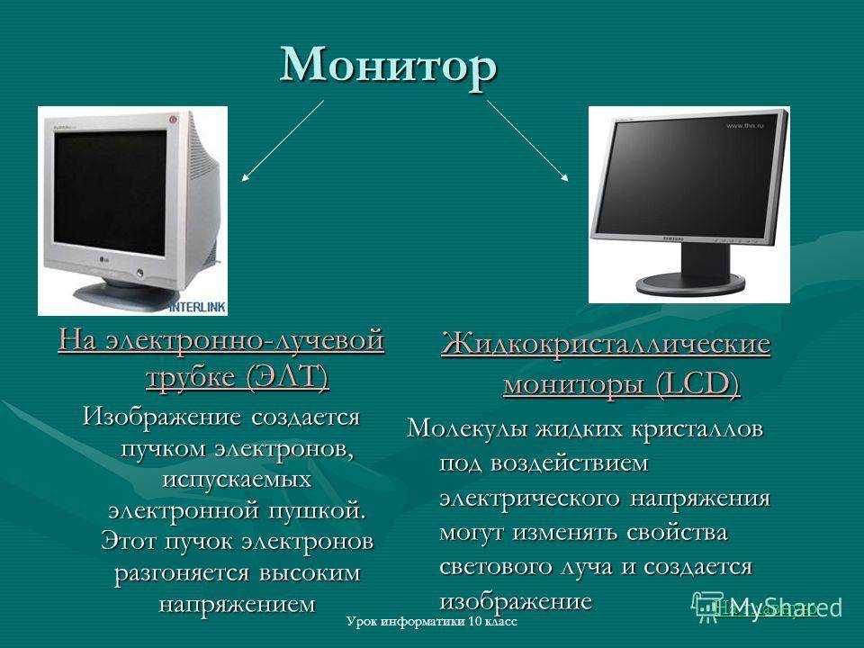 Как отличить компьютер от компьютера. ЭЛТ монитор и ЖК монитор. Монитор это в информатике. ЖК мониторы это Информатика. Монитор для презентации.